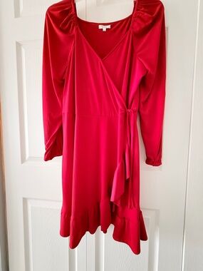 Red Faux Wrap Dress with Ruffle Hem